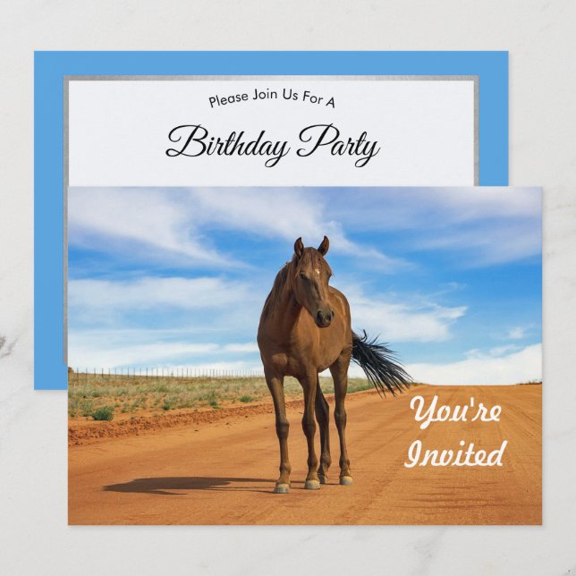 Beautiful Brown Horse Road Photo Birthday Invitation (Front/Back)