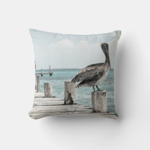 Beautiful Brown Pelicans and Blue Water Cushion