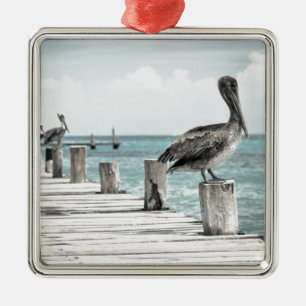 Beautiful Brown Pelicans Ocean Coastal Beach Metal Ornament