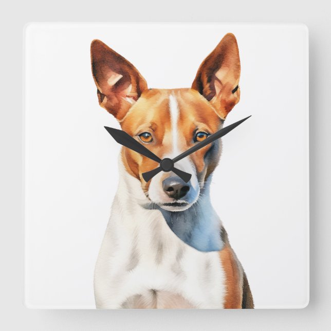BEAUTIFUL BROWN & WHITE BASENJI DOG SQUARE WALL CLOCK (Front)