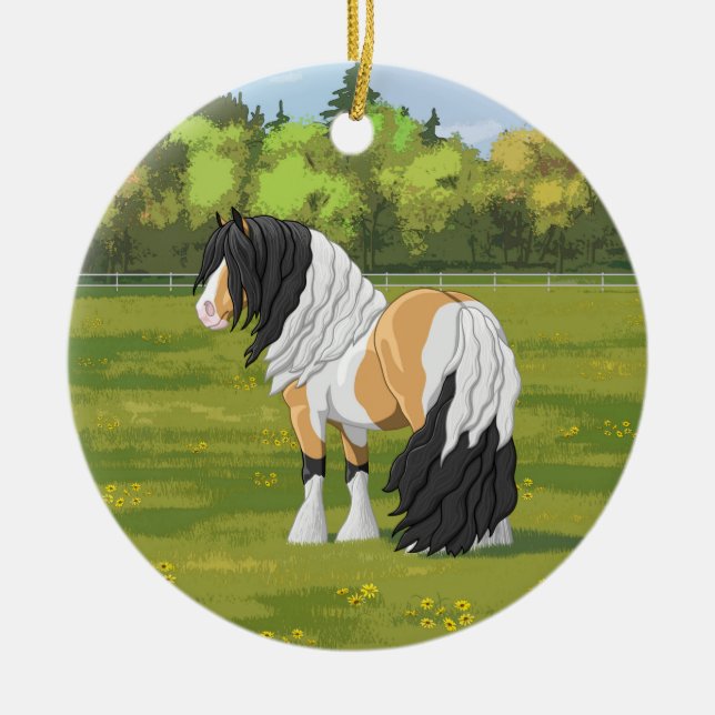 Beautiful Buckskin Pinto Gypsy Vanner Draught Hors Ceramic Ornament (Front)
