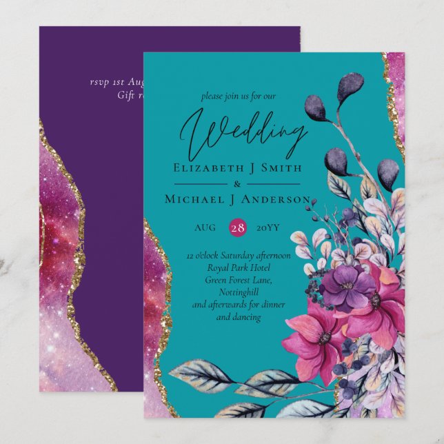 Beautiful BUDGET Pink Teal Floral Agate Wedding (Front/Back)
