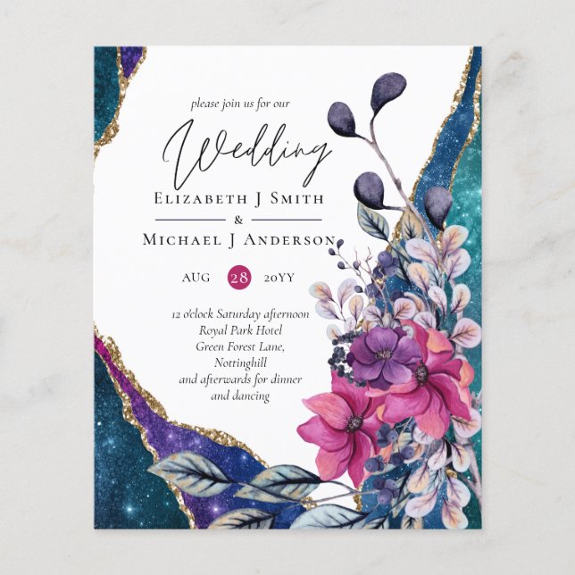 Beautiful BUDGET Violet Blue Floral Agate Wedding Flyer (Front)