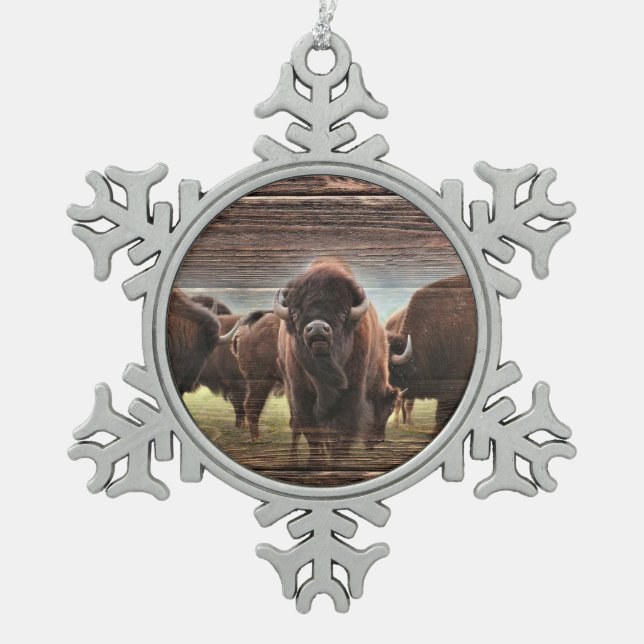 Beautiful Buffalo Herd Snowflake Pewter Christmas Ornament (Front)