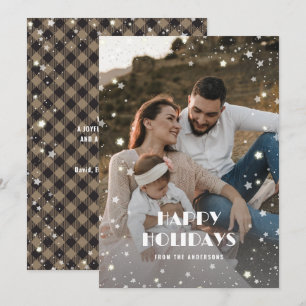 Beautiful Buffalo Plaid Snow Stars Photo Holiday Card