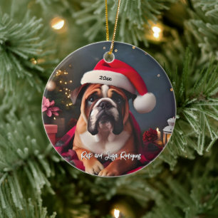 Beautiful Bulldog with Santa Hat Ceramic Ornament