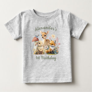 Beautiful Bunny Deer Fox Floral First Birthday Baby T-Shirt