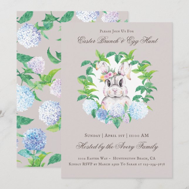 Beautiful Bunny Floral Wreath Brunch & Egg Hunt Invitation (Front/Back)