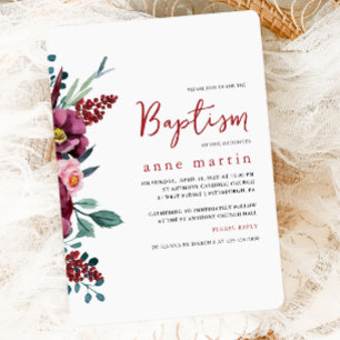 Beautiful Burgundy Blush Floral Girl's Baptism Invitation
