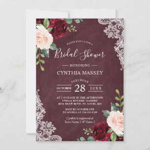 Beautiful Burgundy Blush Floral Lace Bridal Shower Invitation