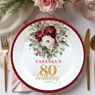Beautiful Burgundy Floral 80th Birthday Paper Plate