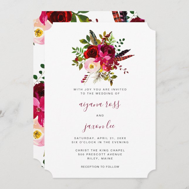 Beautiful Burgundy Floral Bouquet Wedding Invitation (Front/Back)