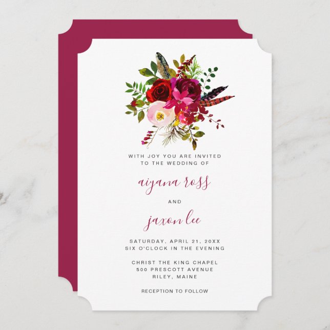 Beautiful Burgundy Floral Bouquet Wedding Invitation (Front/Back)