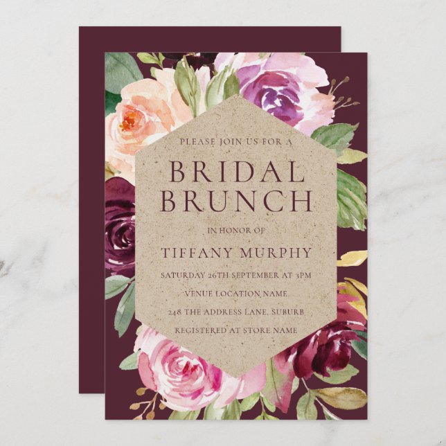 Beautiful Burgundy Floral Bridal Shower Brunch Invitation (Front/Back)