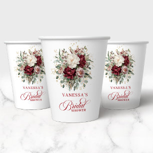 Beautiful Burgundy Floral Bridal Shower Paper Cups