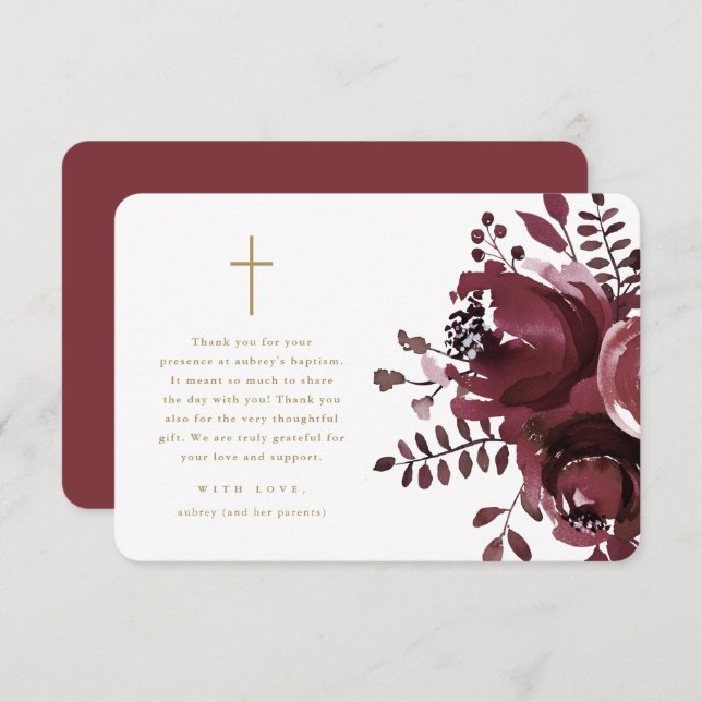 Beautiful Burgundy Floral Cross Baptism Thank You (Front/Back)