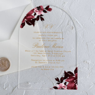 Beautiful Burgundy Floral Formal Quinceañera Acrylic Invitations