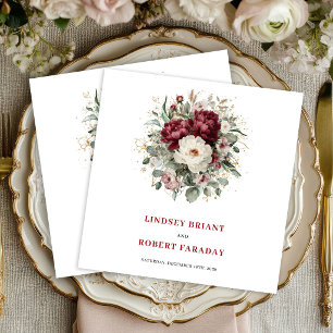 Beautiful Burgundy Floral Greenery Gold Wedding Napkin