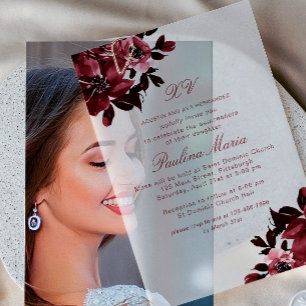 Beautiful Burgundy Floral Quinceañera Vellum Invitations
