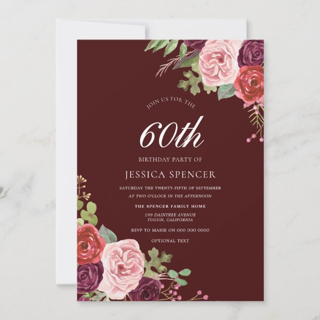 Beautiful Burgundy Flowers 60th Birthday Invite (Front)