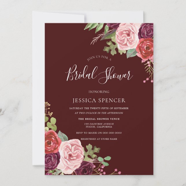 Beautiful Burgundy Flowers Bridal Shower Invite (Front)