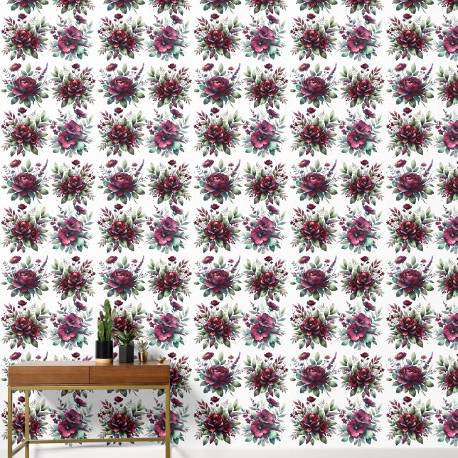 Beautiful Burgundy Flowers with Green Leaves Wallpaper (Hallway)
