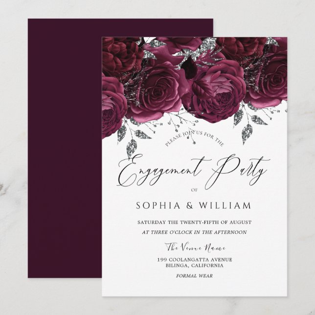 Beautiful Burgundy Maroon Roses Engagement Party Invitation (Front/Back)