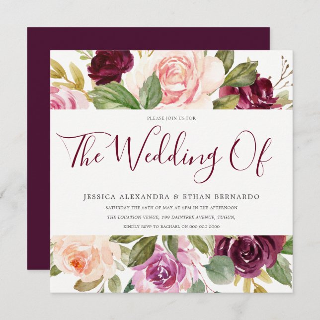 Beautiful Burgundy Pink Berry Floral Wedding Invitation (Front/Back)