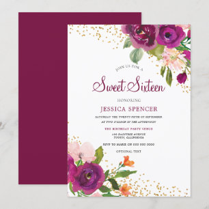 Beautiful Burgundy Pink Floral Sweet 16 Invitation