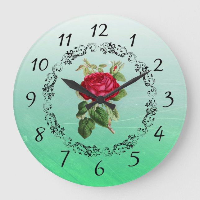 Beautiful burgundy Rose Sage Green Round Clock (Front)