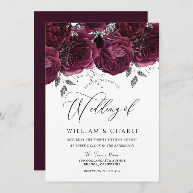 Beautiful Burgundy Roses Elegant Wedding Invitation (Front/Back)