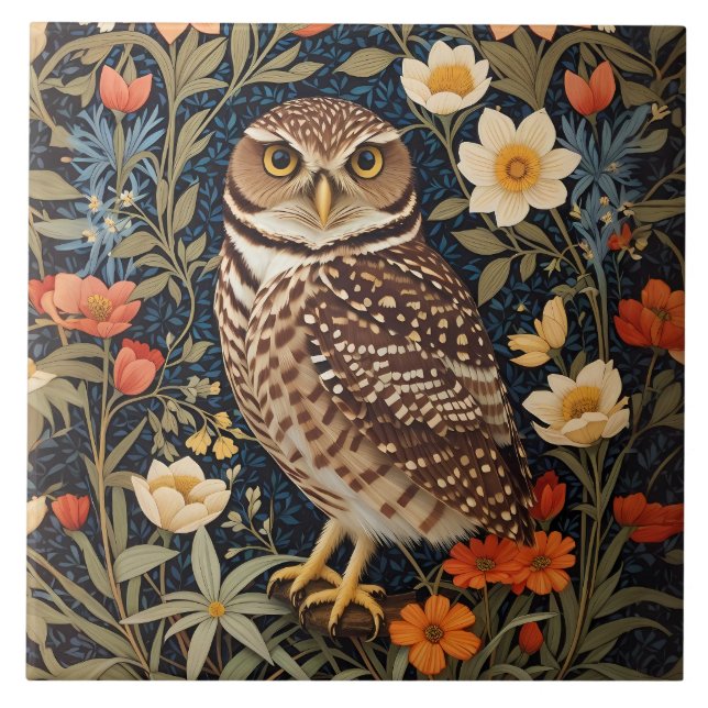 Beautiful Burrowing Owl William Morris Inspired Ceramic Tile (Front)