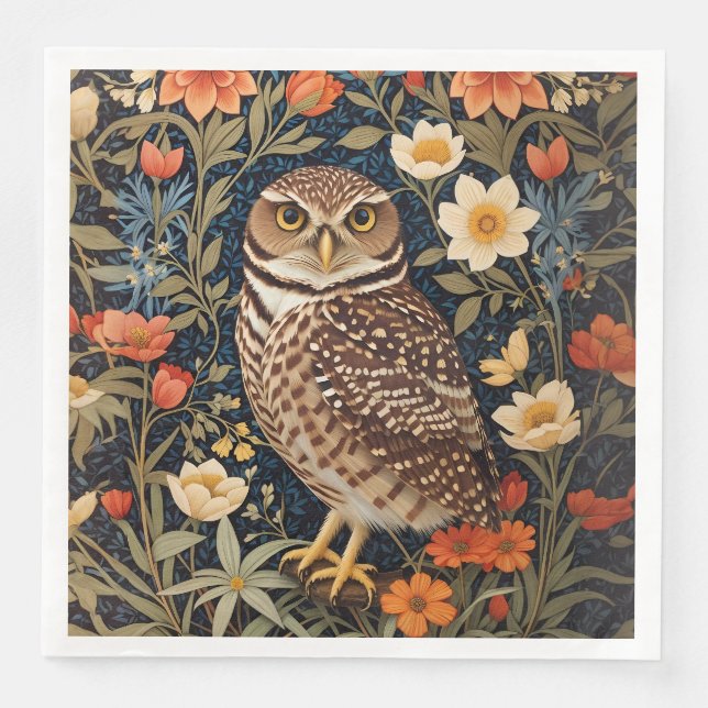 Beautiful Burrowing Owl William Morris Inspired Napkin (Front)