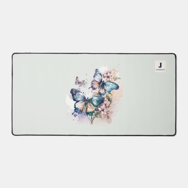 Beautiful Butterflies and Flowers Monogram Desk Mat (Front)