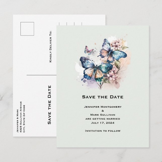 Beautiful Butterflies and Flowers Save the Date Invitation Postcard (Front/Back)