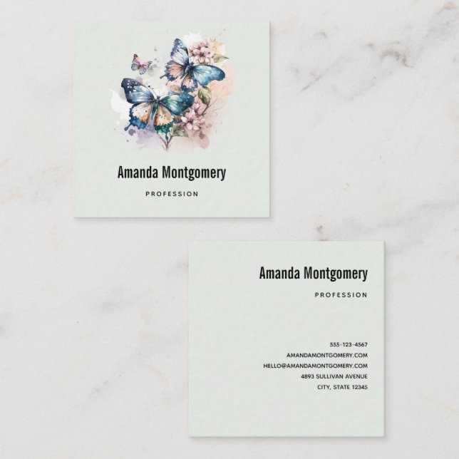 Beautiful Butterflies and Flowers Square Business Card (Front/Back)