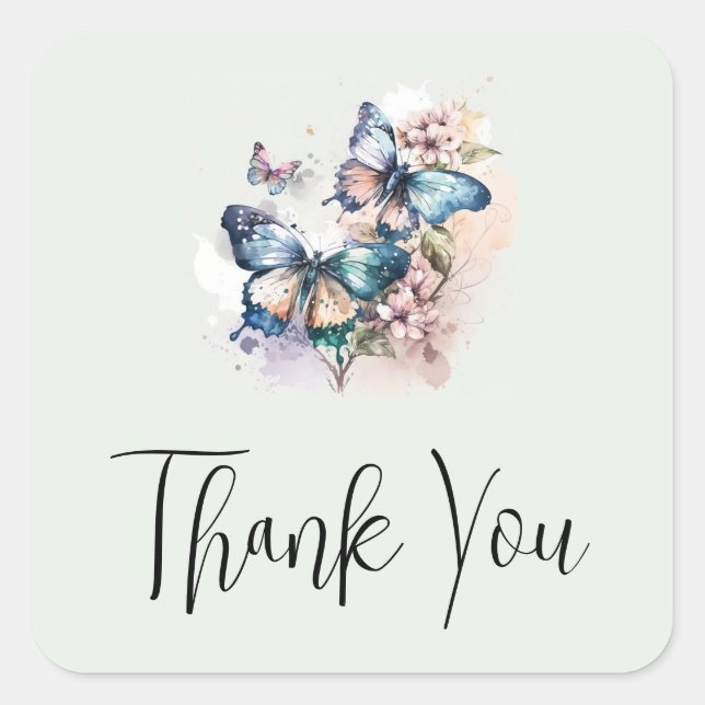 Beautiful Butterflies and Flowers Thank You Square Sticker (Front)