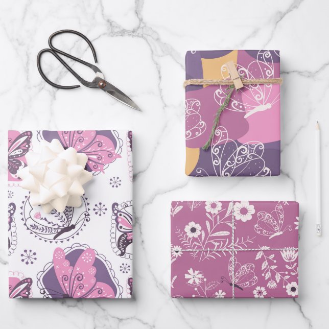 Beautiful Butterflies in Pink and Purple Wrapping Paper Sheet (Front)