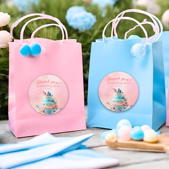 Beautiful Butterflies Twins Baby Shower Classic Round Sticker (Twice the beauty, fluttering joy, twins adorned with butterfly love stickers.)