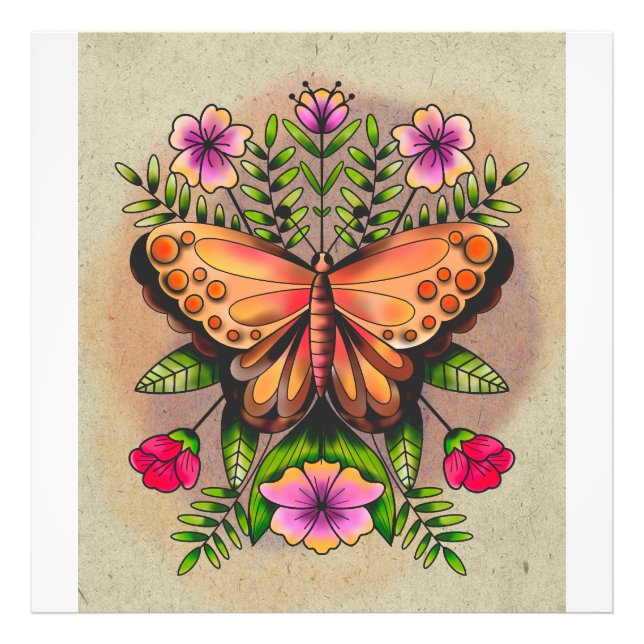 Beautiful Butterfly and Colourful Flowers Photo Print (Front)