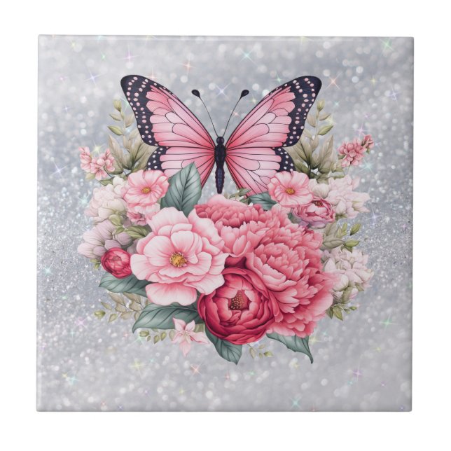 Beautiful Butterfly And Flowers  Ceramic Tile (Front)