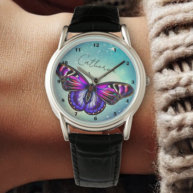 Beautiful Butterfly Blue Sky Stars Custom Name  Watch (Creator Uploaded)
