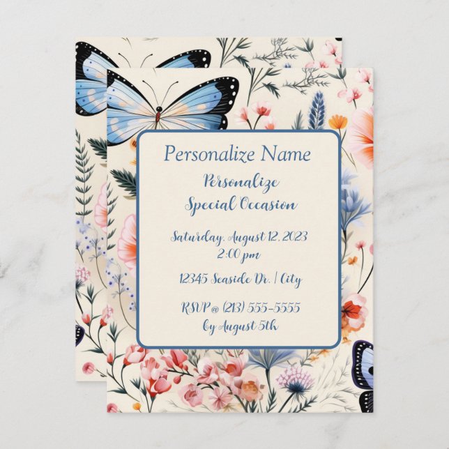 Beautiful Butterfly Flower Garden Floral Design Invitation (Front/Back)