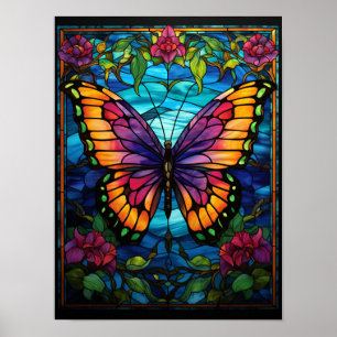 Beautiful Butterfly Garden Stained Glass Window Poster