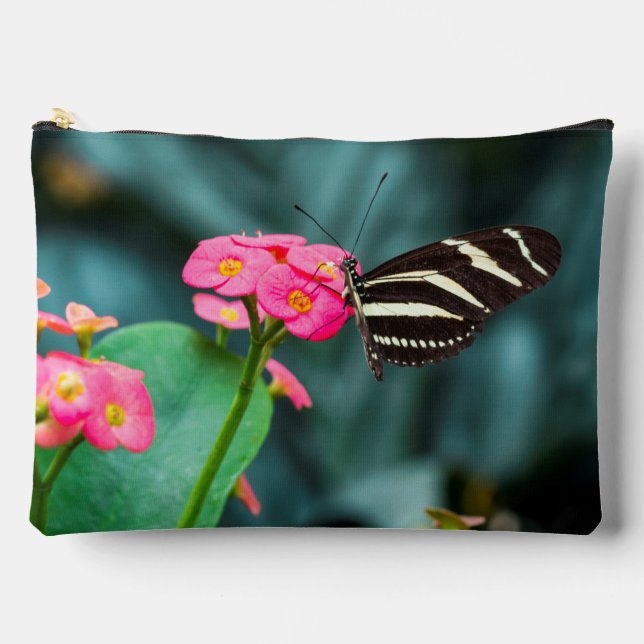 Beautiful butterfly on a pink flower accessory pouch (Front)