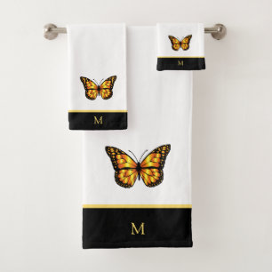 Beautiful Butterfly on Black & White Monogrammed Bath Towel Set