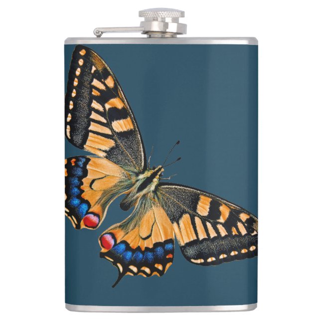 Beautiful Butterfly on dark blue Flask (Front)
