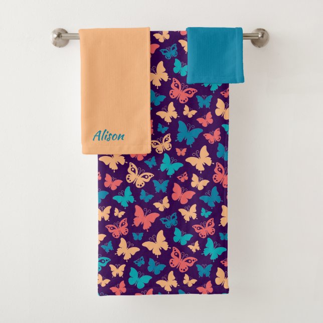 Beautiful butterfly pattern beige turquoise purple bath towel set (Insitu)