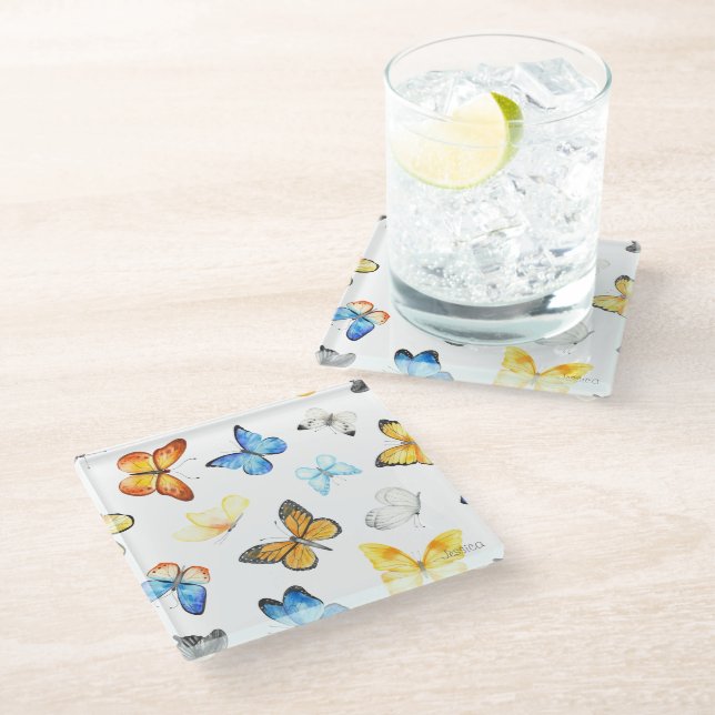 Beautiful Butterfly Pattern with Name Glass Coaster (Angled)