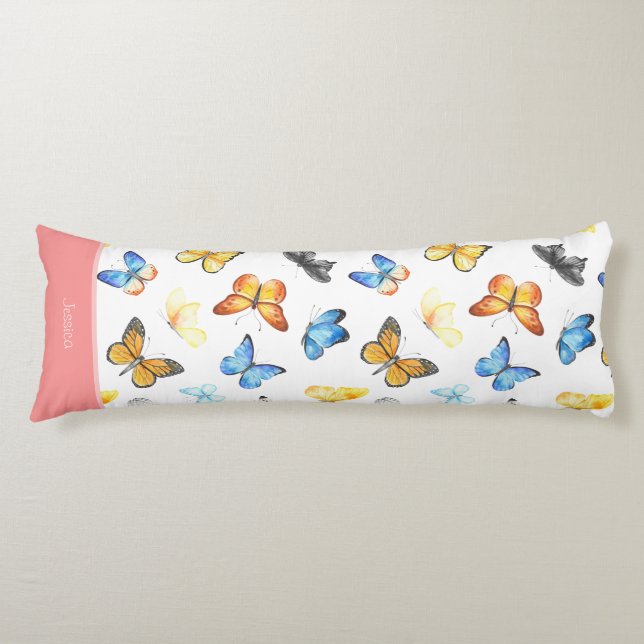 Beautiful Butterfly Pattern with Name Pink Cotton Body Cushion (Front)